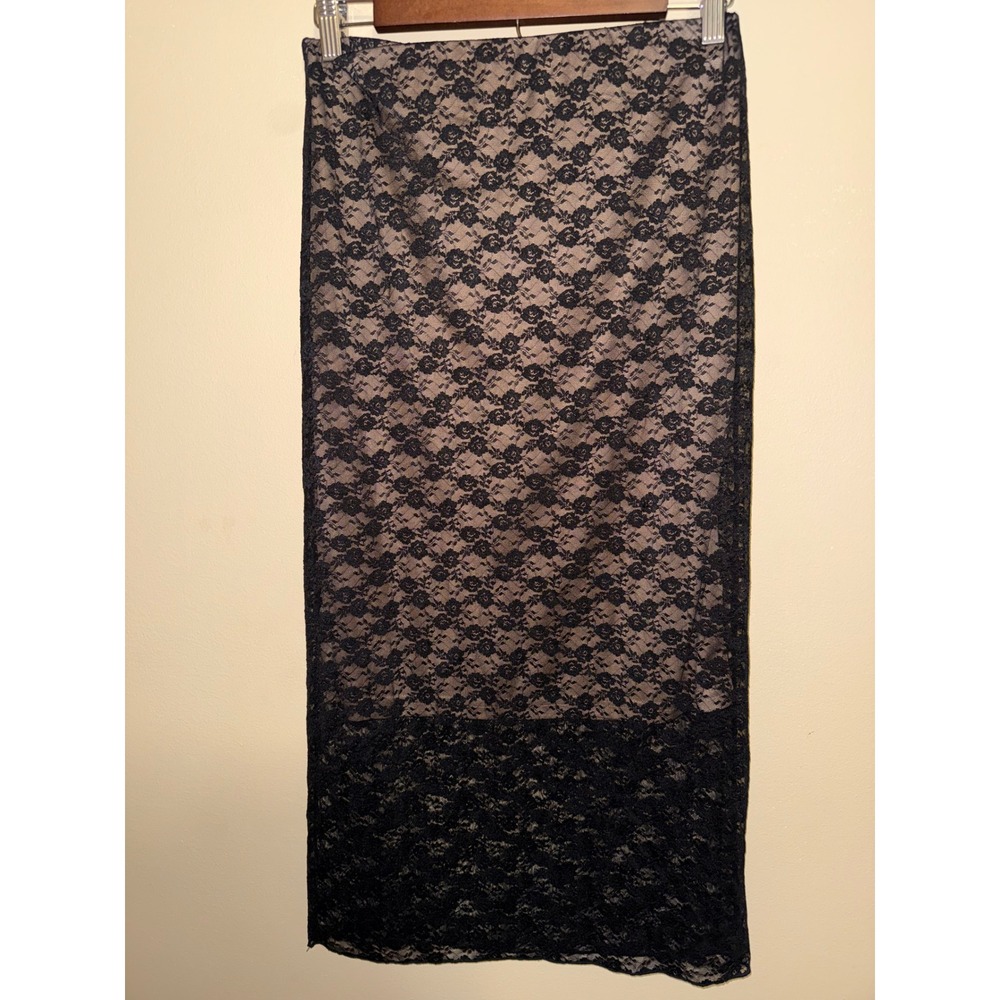 Hem & Thread NWT Women Black Floral Lace Midi Skirt Tan Lining M Whimsigoth